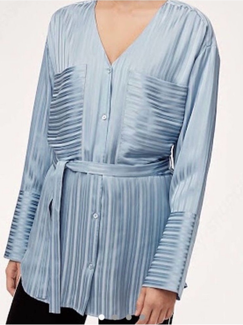 Light Blue Pleated Satin Button-Down Shirt